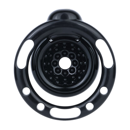 Rear view of the black Candy Heart chastity cage