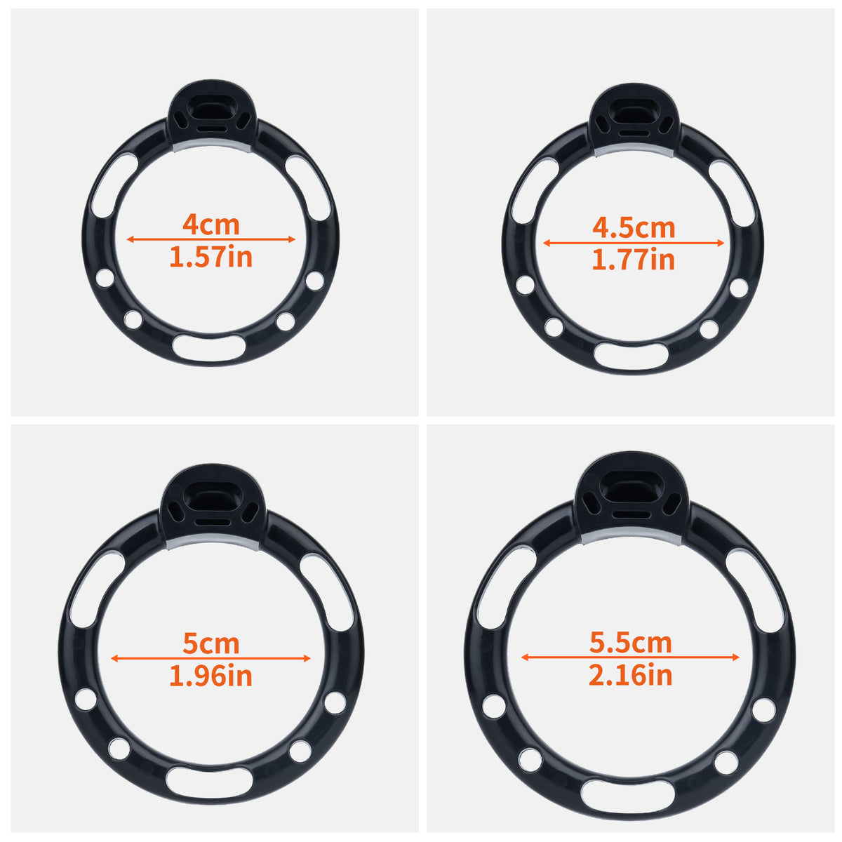 Four black ring diameters: 40, 45, 50 and 55 mm