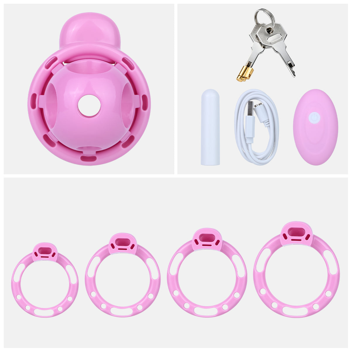 Pink vibrating Candy Heart cage, remote control, charger, lock and rings