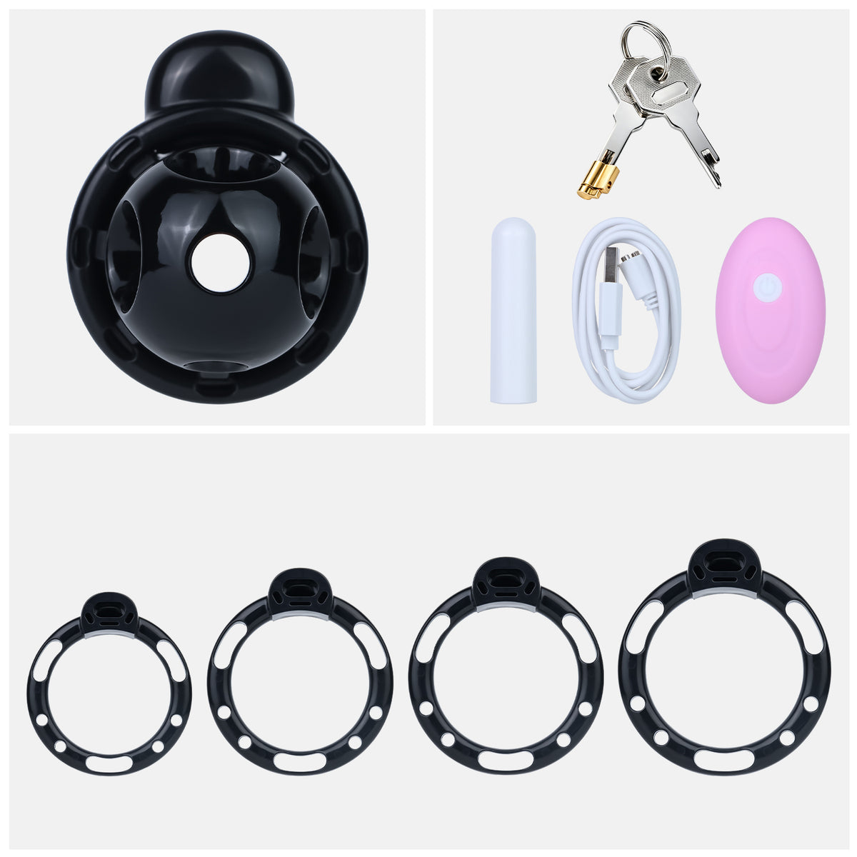 Black vibrating Candy Heart cage, remote control, charger, lock and rings
