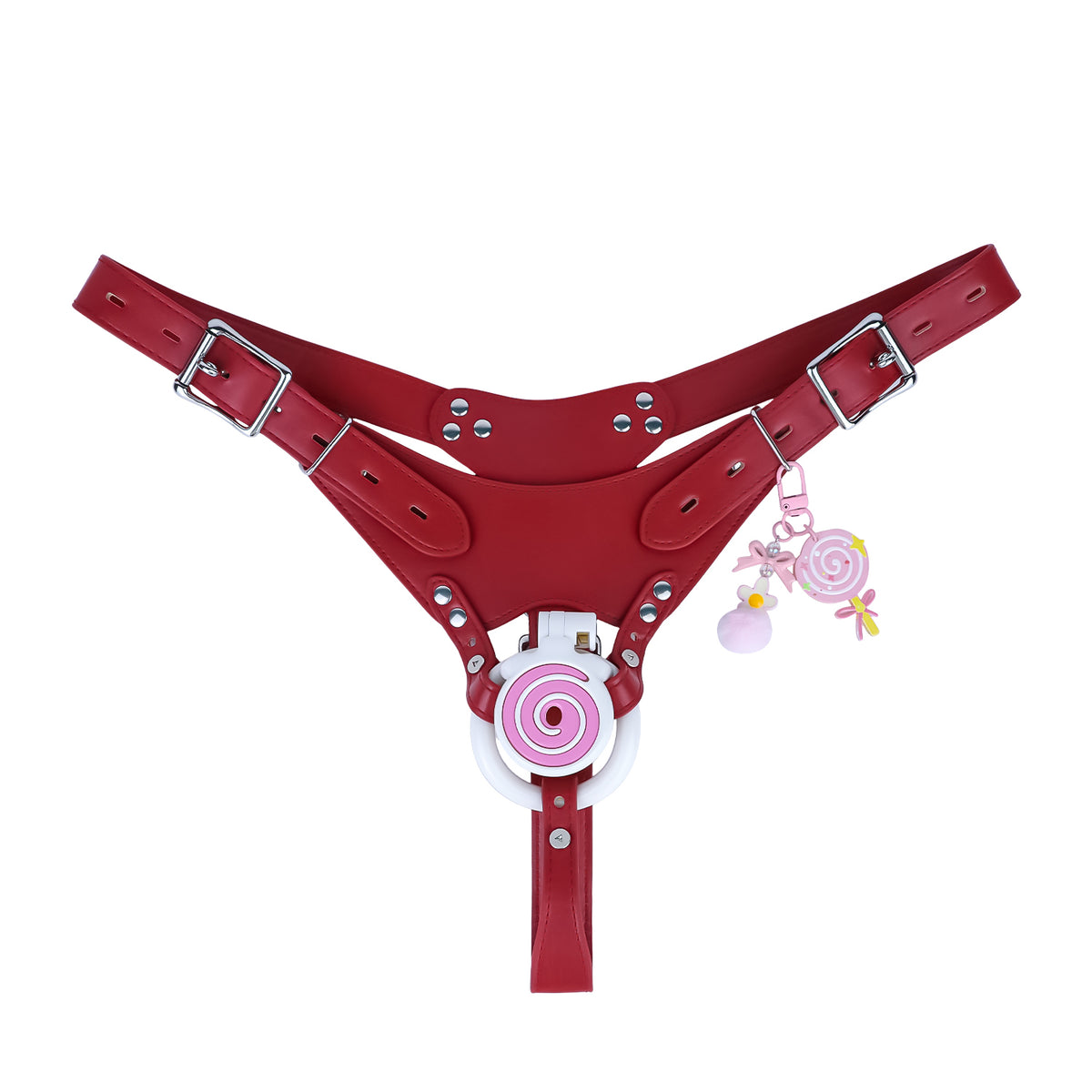 Pink and white cage with red belt, front view