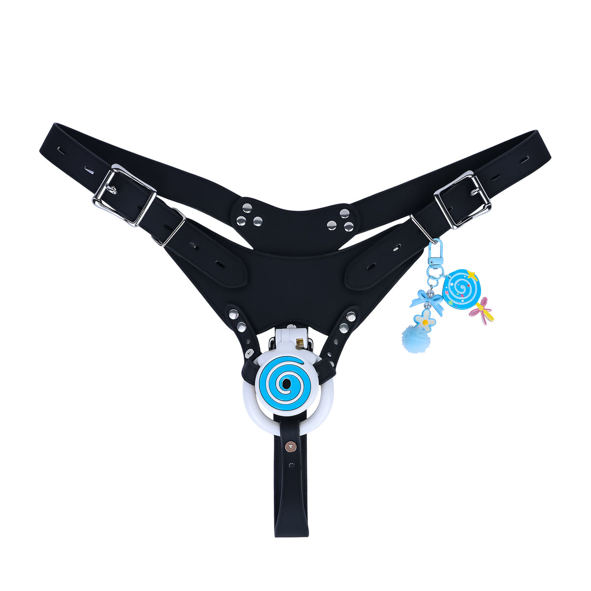 Blue and white cage with black belt, front view