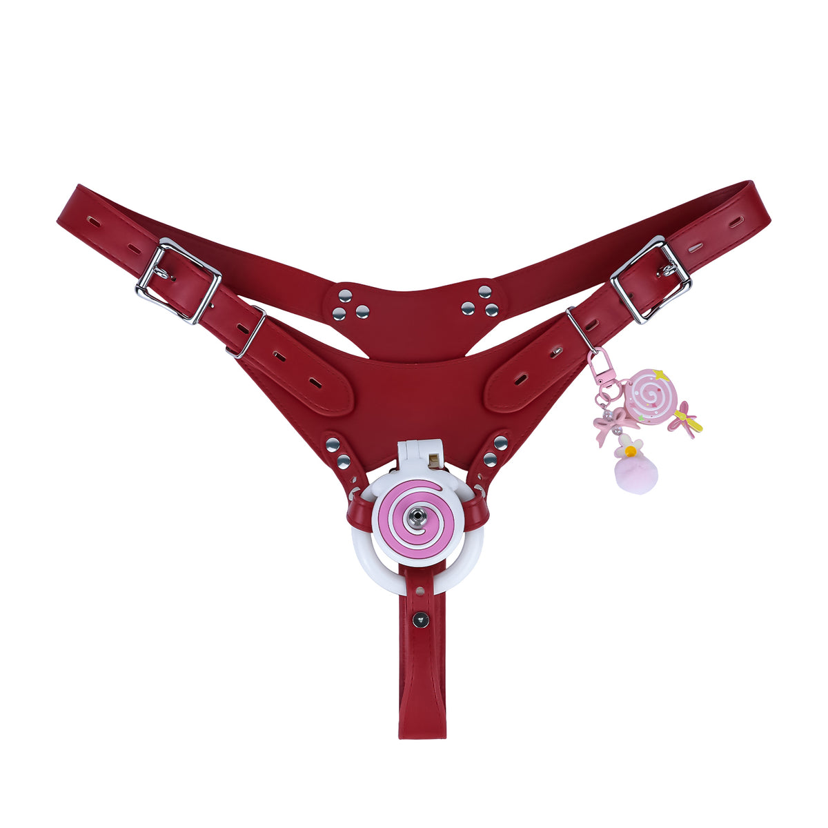 Pink and white cage with catheter and red belt
