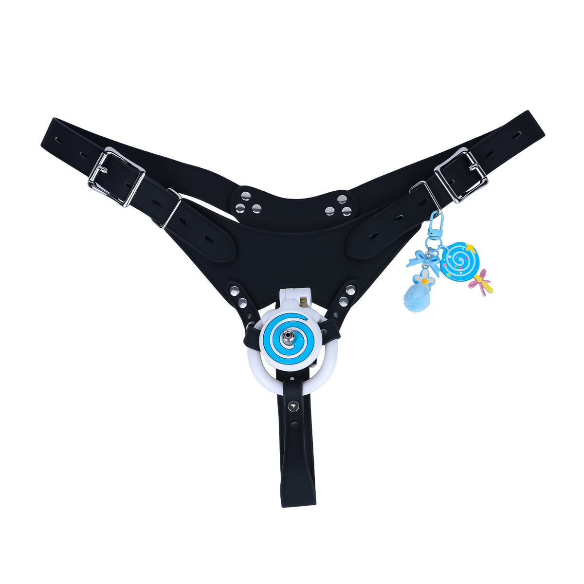 Blue and white cage with catheter and black belt