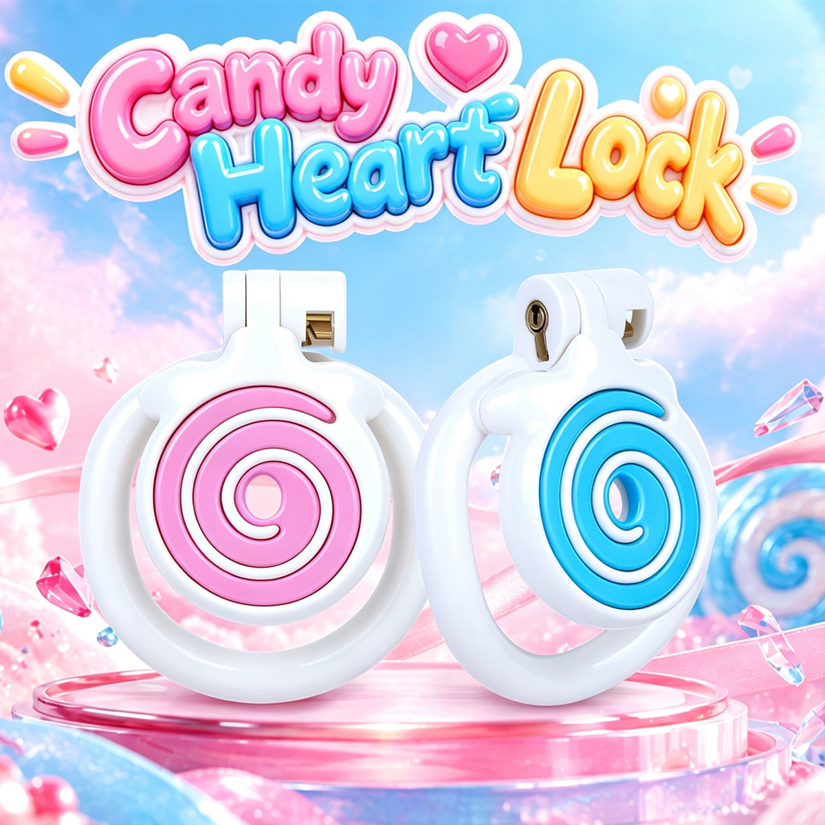 Candy Heart Lock pink and blue spiral designs