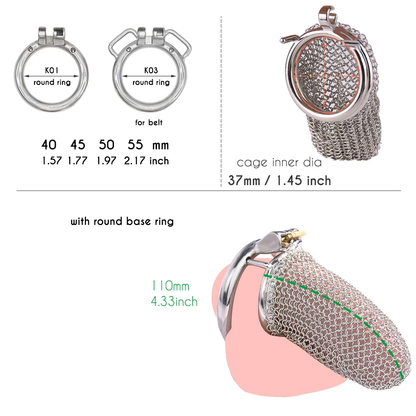 Cage de chasteté en maille d'acier inoxydable avec cotte de mailles - 4,33"