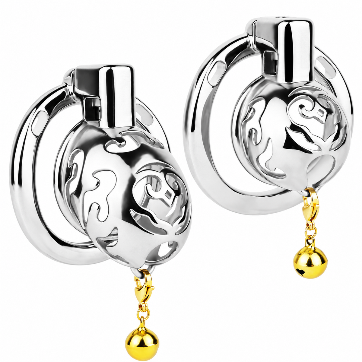 Cloud Bell Metal Chastity Cage S and L cage styles with detachable bells on white background