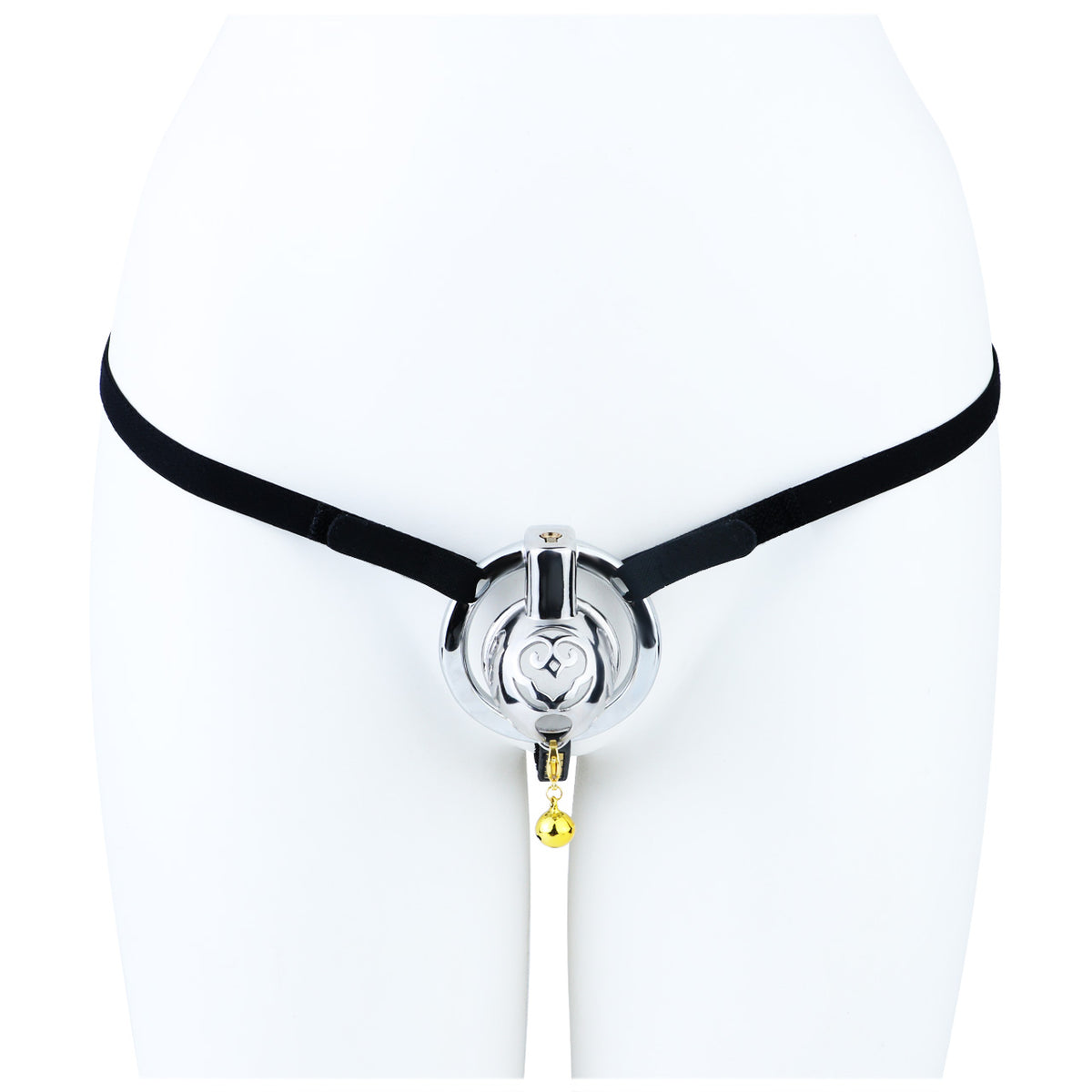 Cloud Bell Metal Chastity Cage S cage with black support belt on mannequin