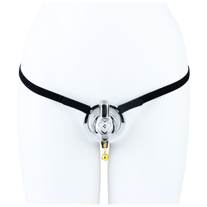Cloud Bell Metal Chastity Cage S cage with black support belt on mannequin
