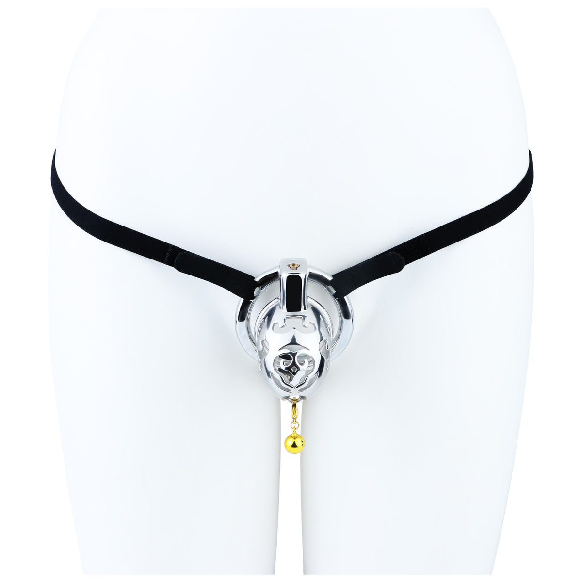 Cloud Bell Metal Chastity Cage L cage with black support belt on mannequin