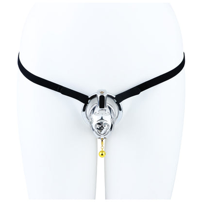 Cloud Bell Metal Chastity Cage L cage with black support belt on mannequin
