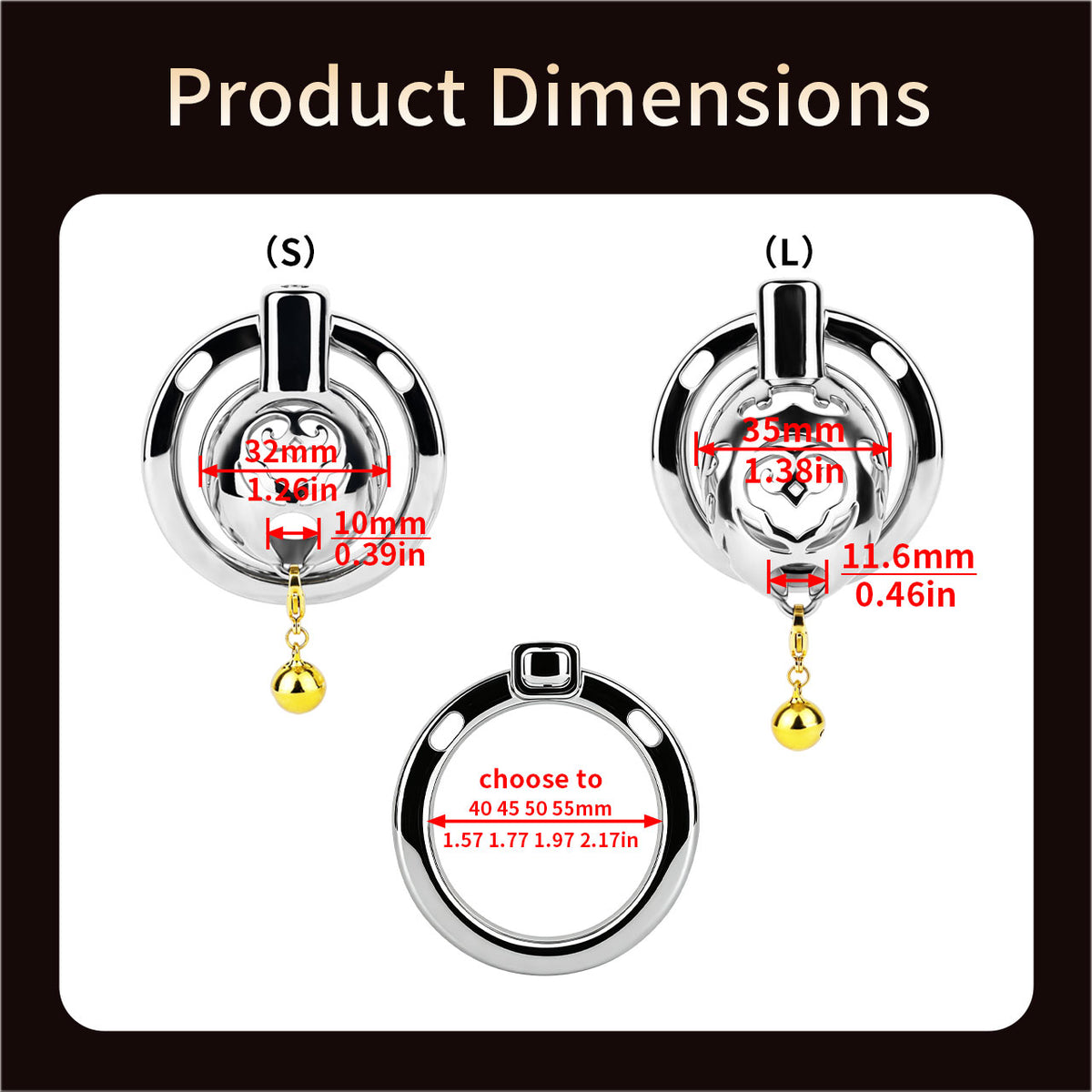 Cloud Bell Metal Chastity Cage S and L front dimensions and four base ring sizes