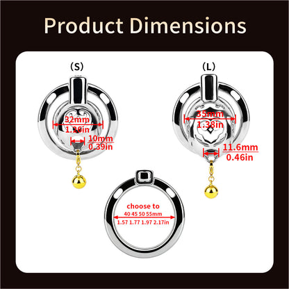 Cloud Bell Metal Chastity Cage S and L front dimensions and four base ring sizes