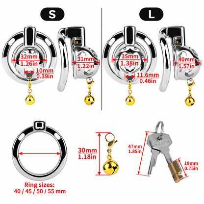 Cloud Bell Metal Chastity Cage S and L cage length width opening and accessory measurement diagram