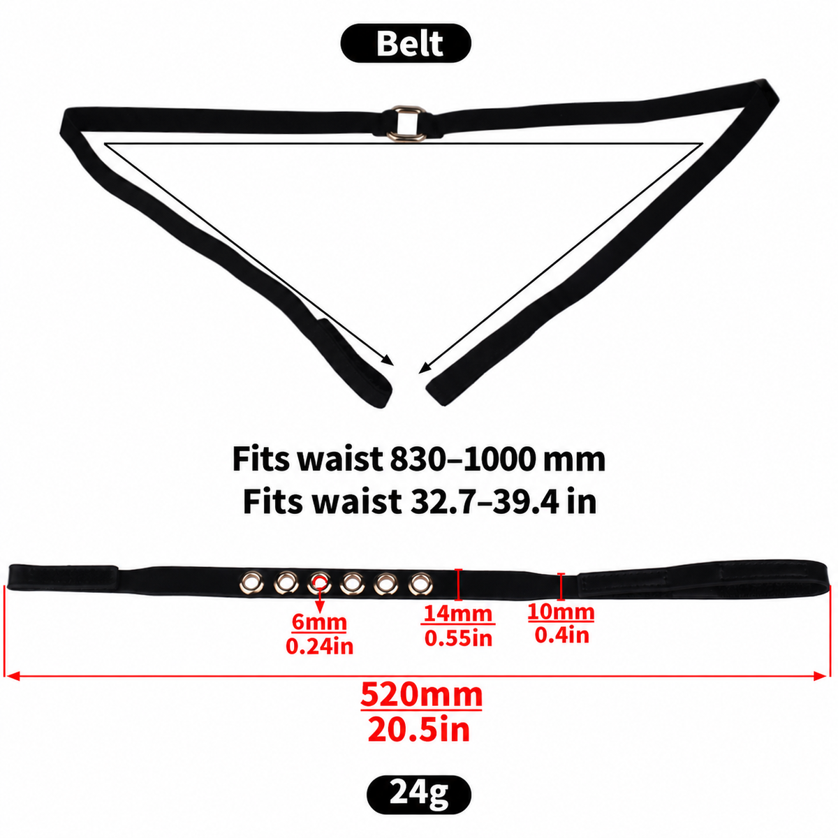 Cloud Bell Metal Chastity Cage support belt waist range and strap measurement diagram