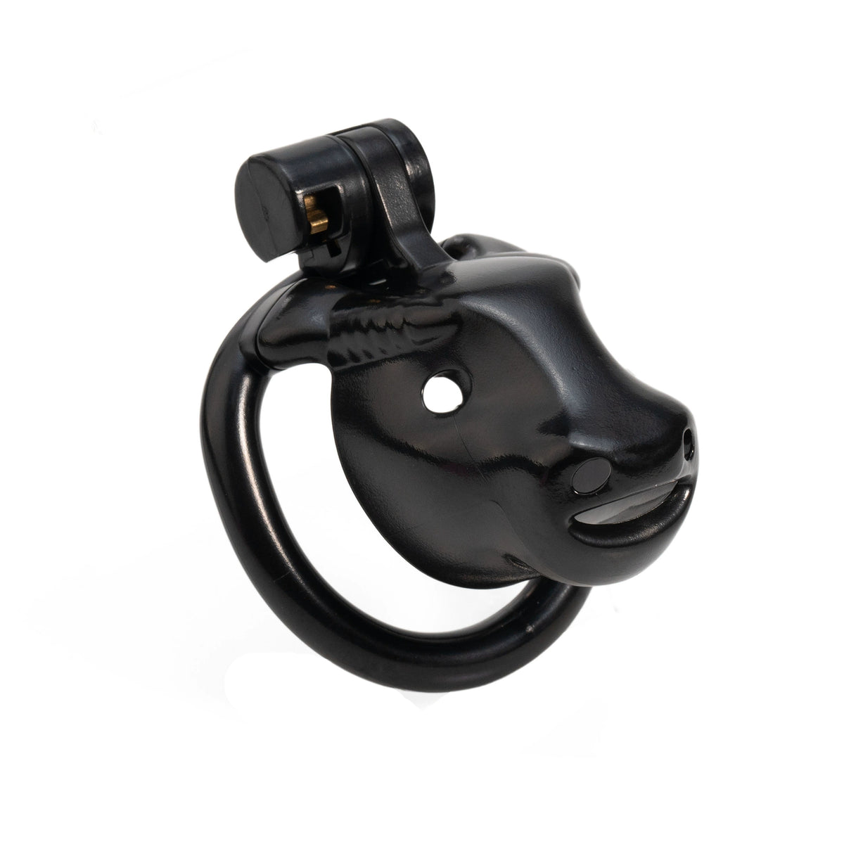 Black Cretan Bull ABS chastity cage front view on white background