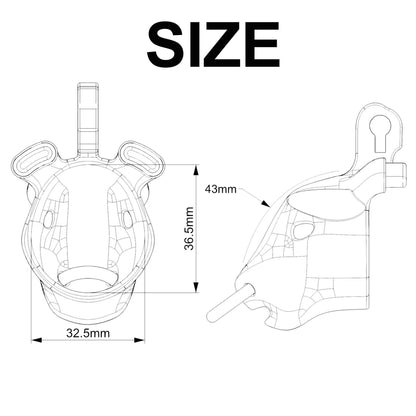 Cretan Bull cage size diagram showing 32.5 mm, 36.5 mm and 43 mm measurements