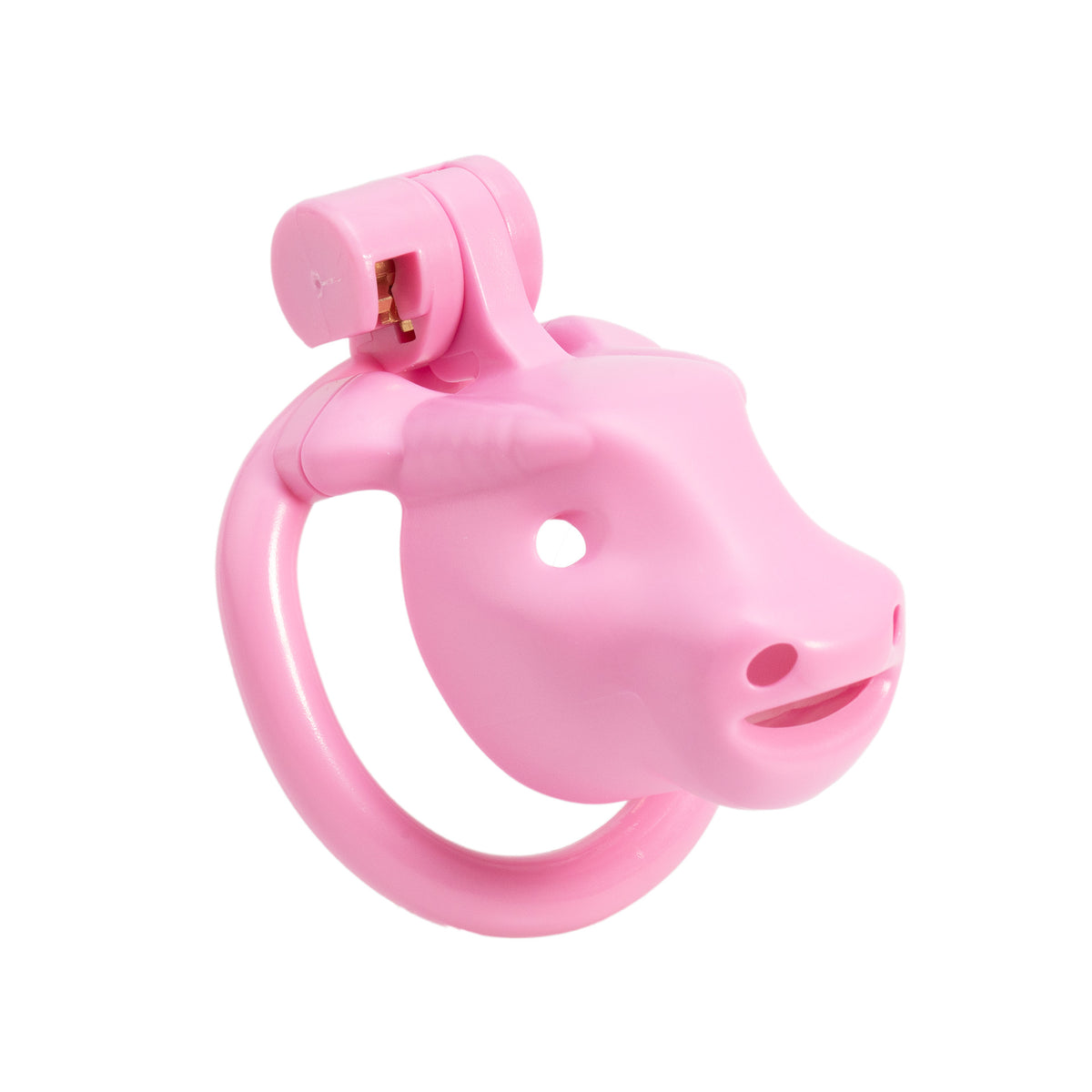 Pink Cretan Bull chastity cage from the side with attached base ring