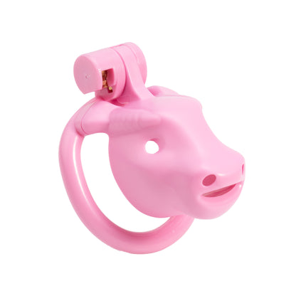 Pink Cretan Bull chastity cage from the side with attached base ring