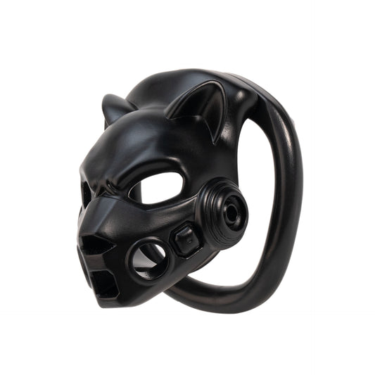 Cyber Panther resin chastity cage with standard ring on white background