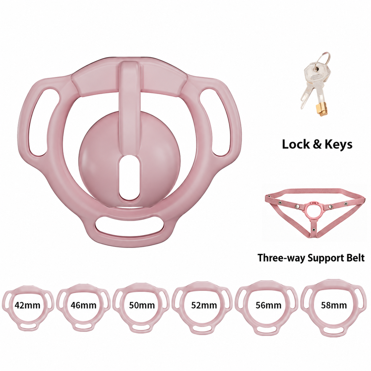 Pink Eclipse Dome set illustration with 42, 46, 50, 52, 56 and 58 mm base rings, lock with keys and three-way support belt