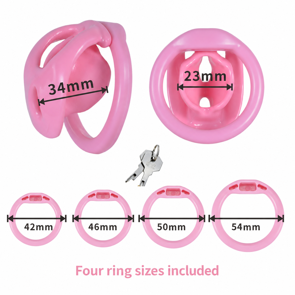 Pink cage measurement chart with 34 mm and 23 mm dimensions and 42–54 mm rings