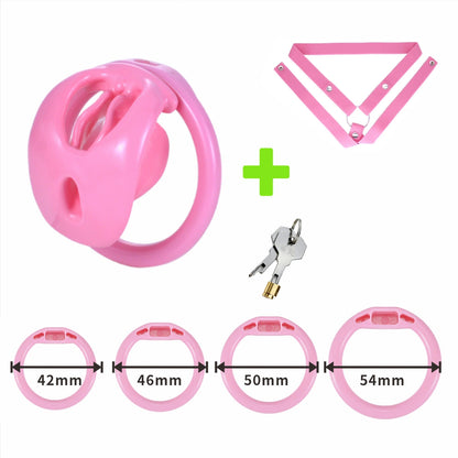 Pink cage with matching three-way belt and four ring sizes