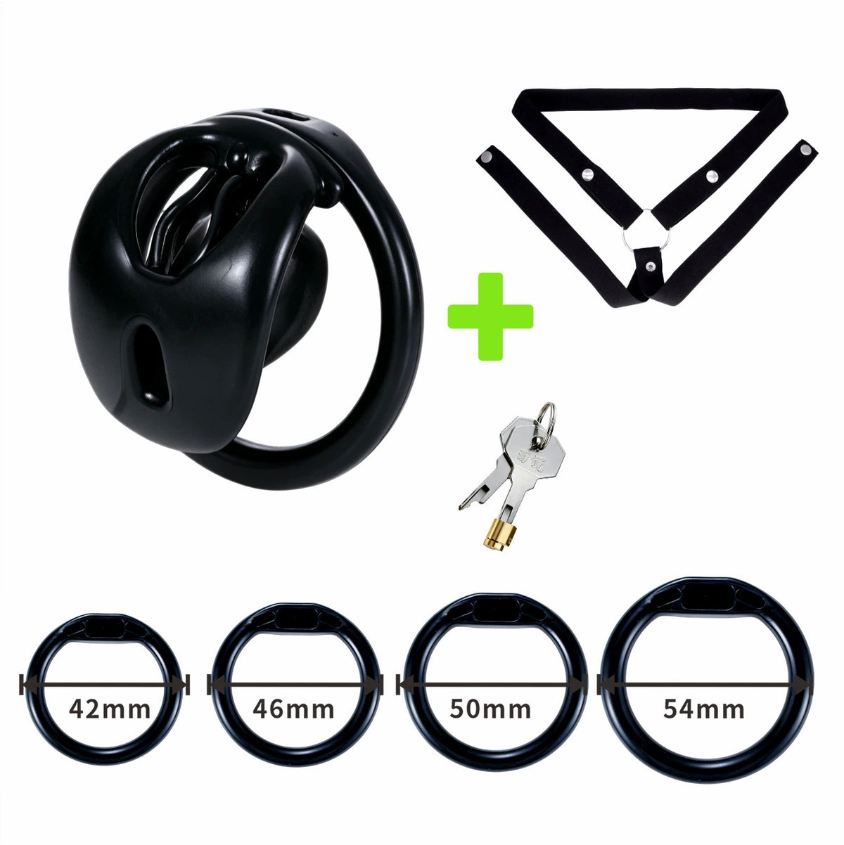 Black cage with matching three-way belt and four ring sizes