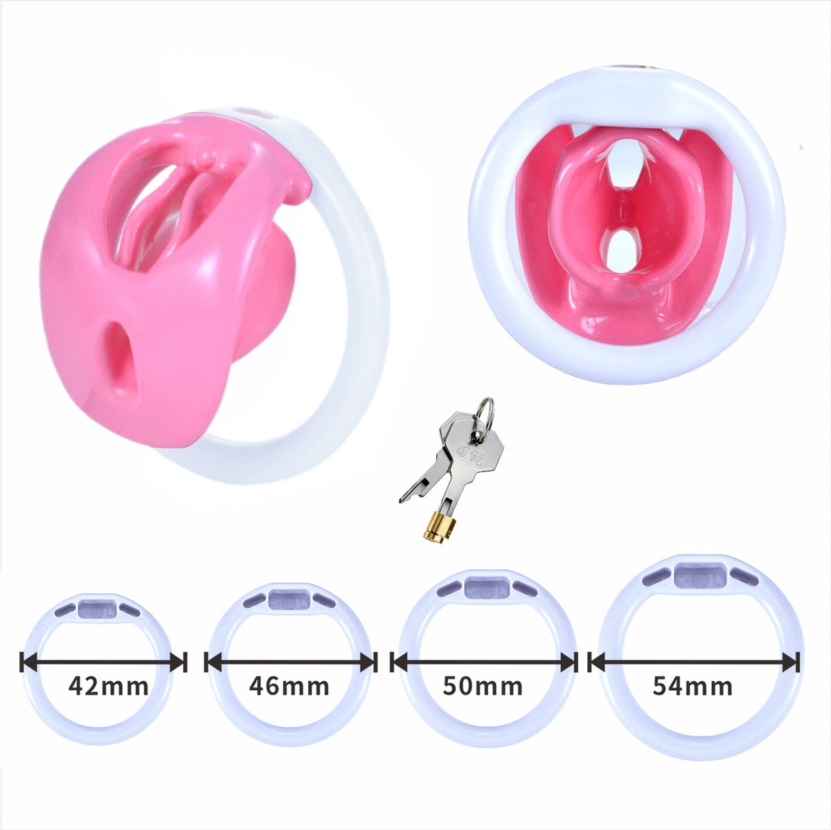 Pink and White standard cage with four ring sizes