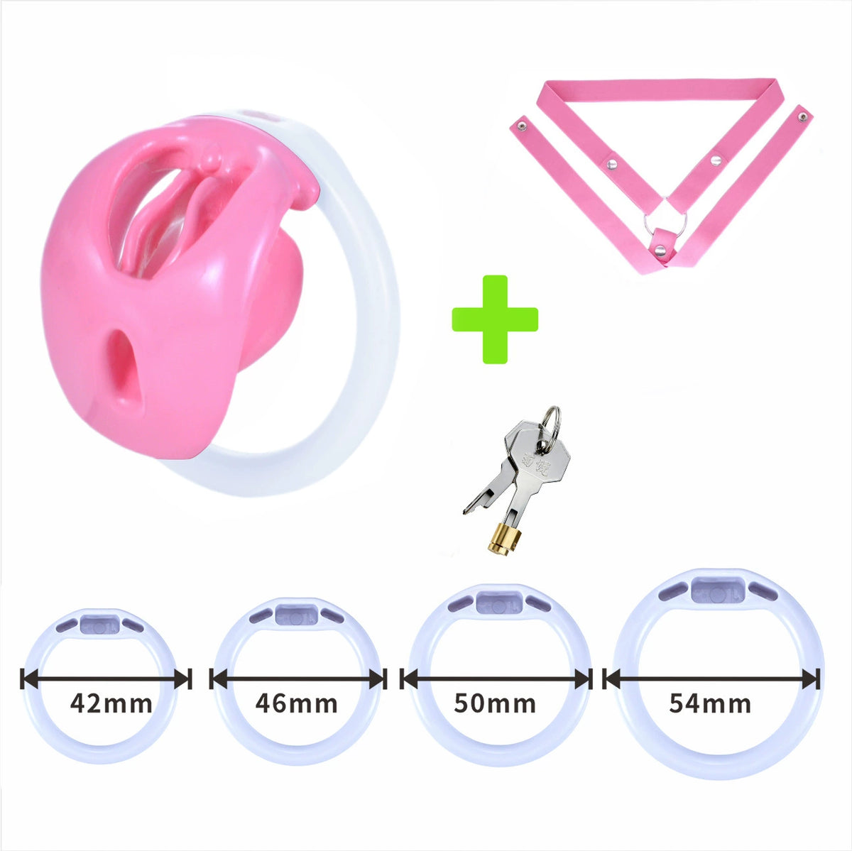 Pink and White cage with pink three-way belt and four ring sizes