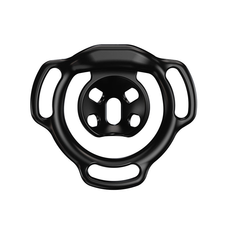 Black Firefly flat chastity cage rear view showing the inner center panel and three strap slots