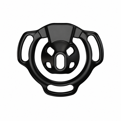 Black Firefly flat chastity cage front view showing the raised center rim and four surrounding openings