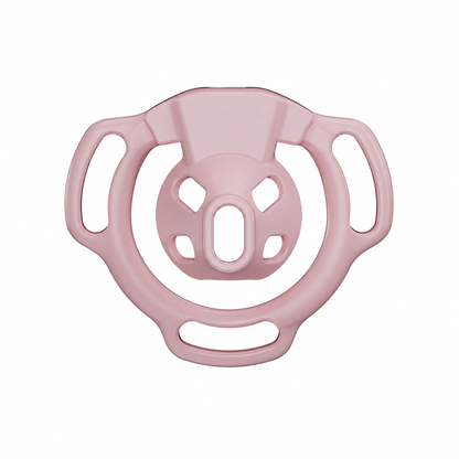Pink Firefly flat chastity cage front view showing the raised center rim and four surrounding openings