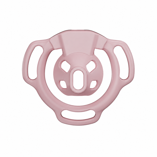Pink Firefly flat chastity cage front view showing the raised center rim and four surrounding openings