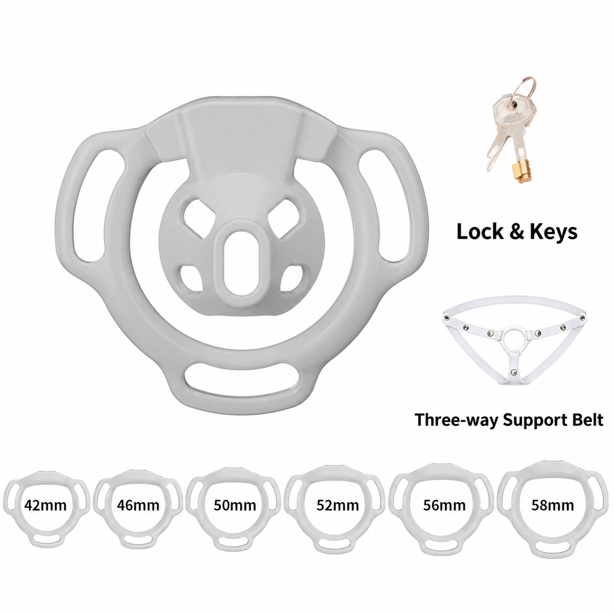 White Firefly set illustration with six base rings labeled 42, 46, 50, 52, 56 and 58 mm, lock with keys and three-way support belt