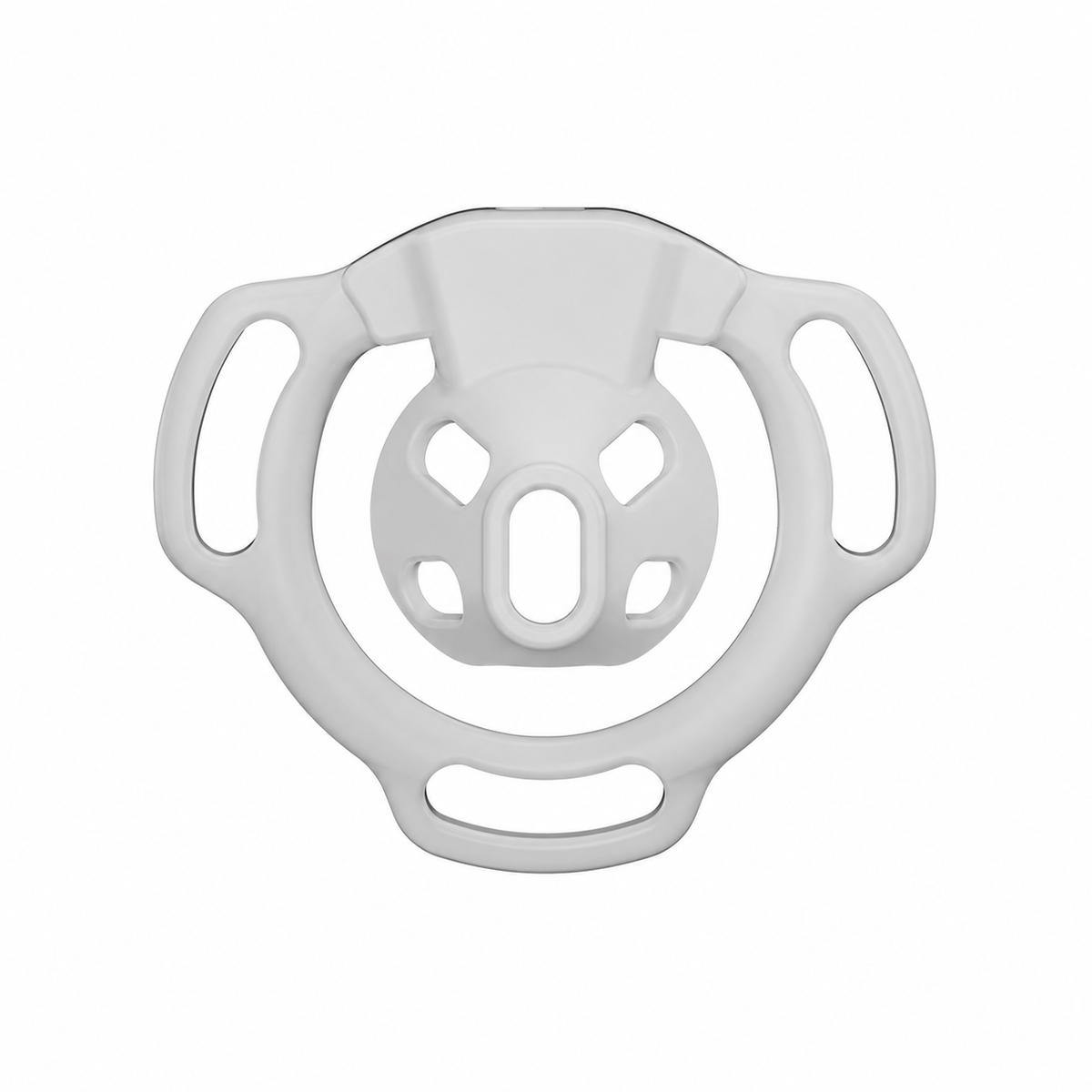 White Firefly flat chastity cage front view showing the raised center rim and four surrounding openings