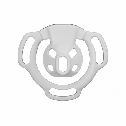 White Firefly flat chastity cage front view showing the raised center rim and four surrounding openings