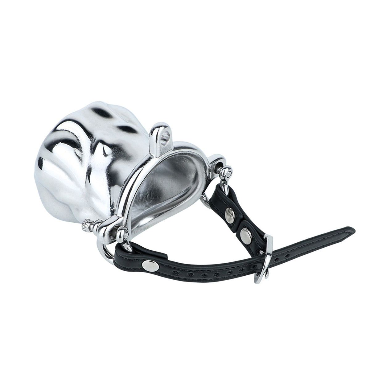 Flame Cutout Stainless Steel Chastity Cage with Restraint - Leather strap version, white background, angled view
