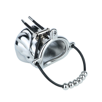 Flame Cutout Stainless Steel Chastity Cage with Restraint - Beaded cord version, white background, angled view