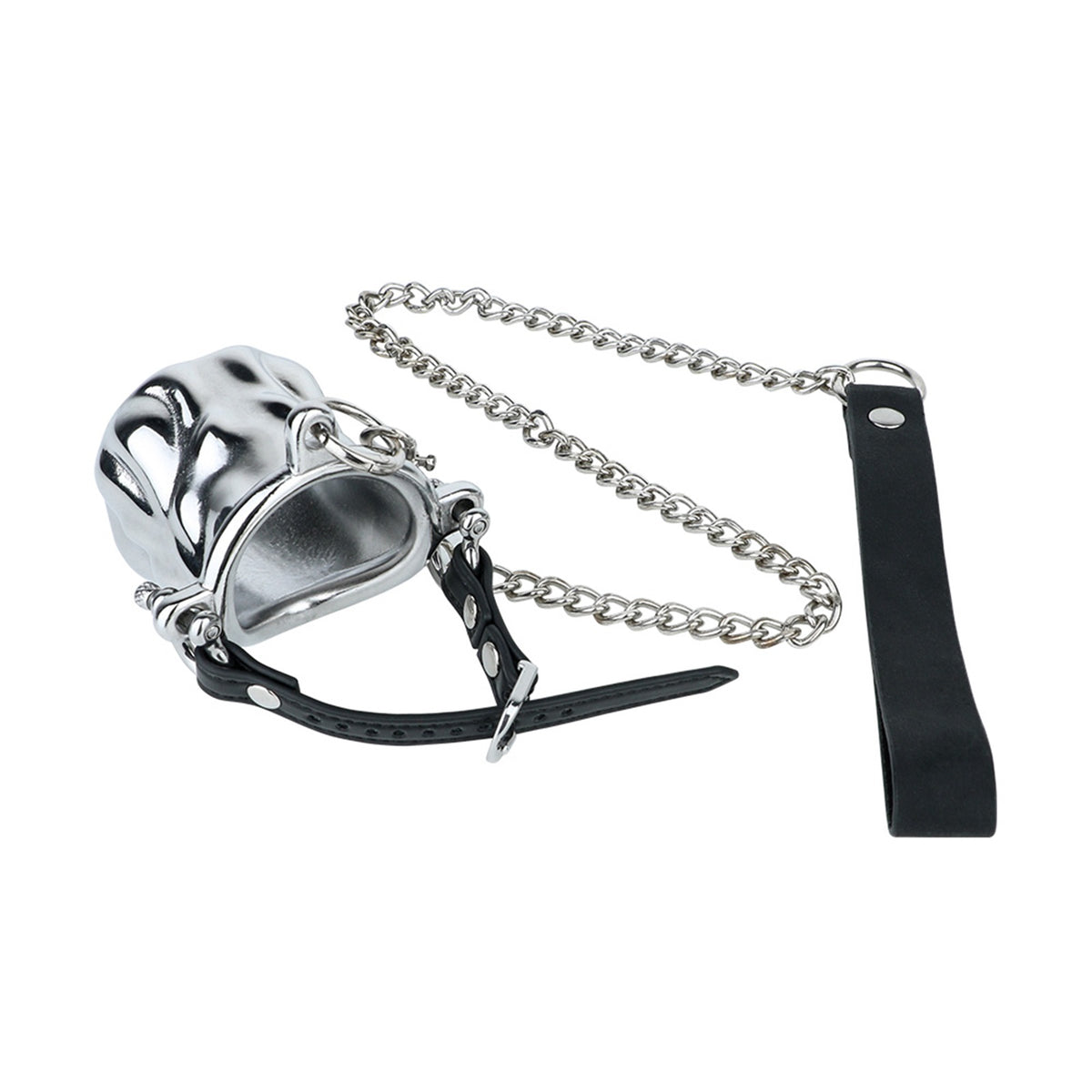 Flame Cutout Stainless Steel Chastity Cage with Restraint - Leather strap version with chain and hand strap