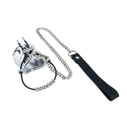 Flame Cutout Stainless Steel Chastity Cage with Restraint - Beaded cord version with chain and hand strap
