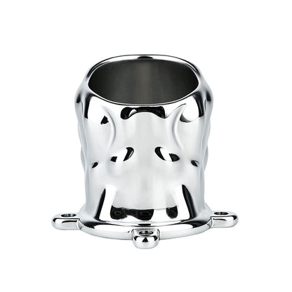 Flame Cutout Stainless Steel Chastity Cage with Restraint - Stainless steel flame cutout cage front view