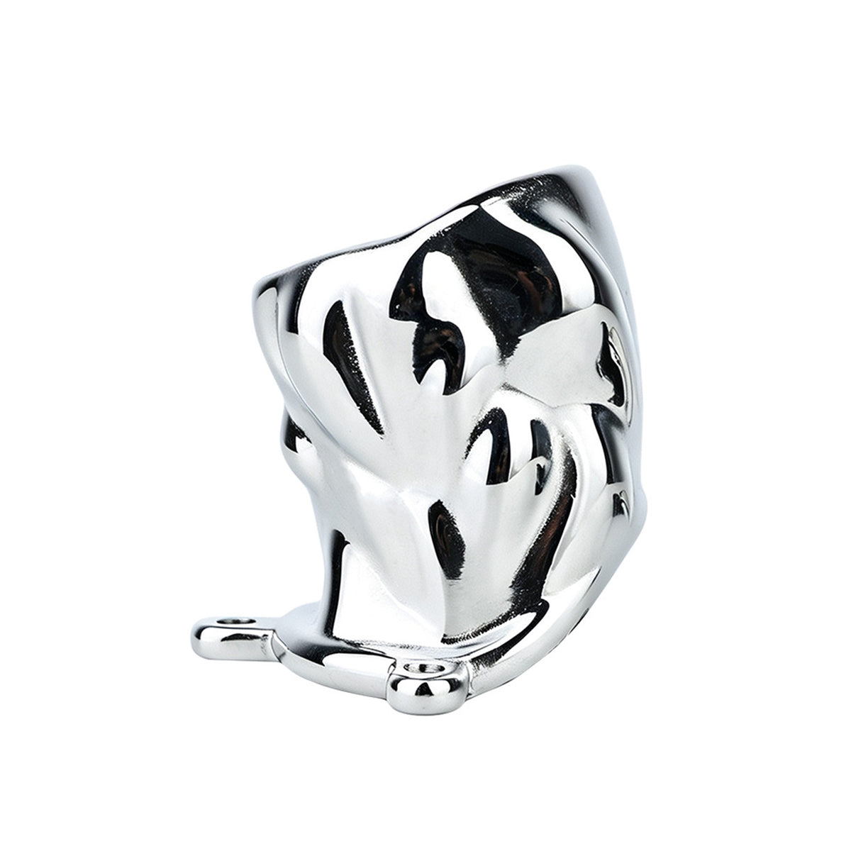 Flame Cutout Stainless Steel Chastity Cage with Restraint - Flame cutout metal cage side view