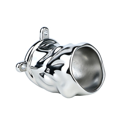 Flame Cutout Stainless Steel Chastity Cage with Restraint - Flame cutout metal cage angled detail