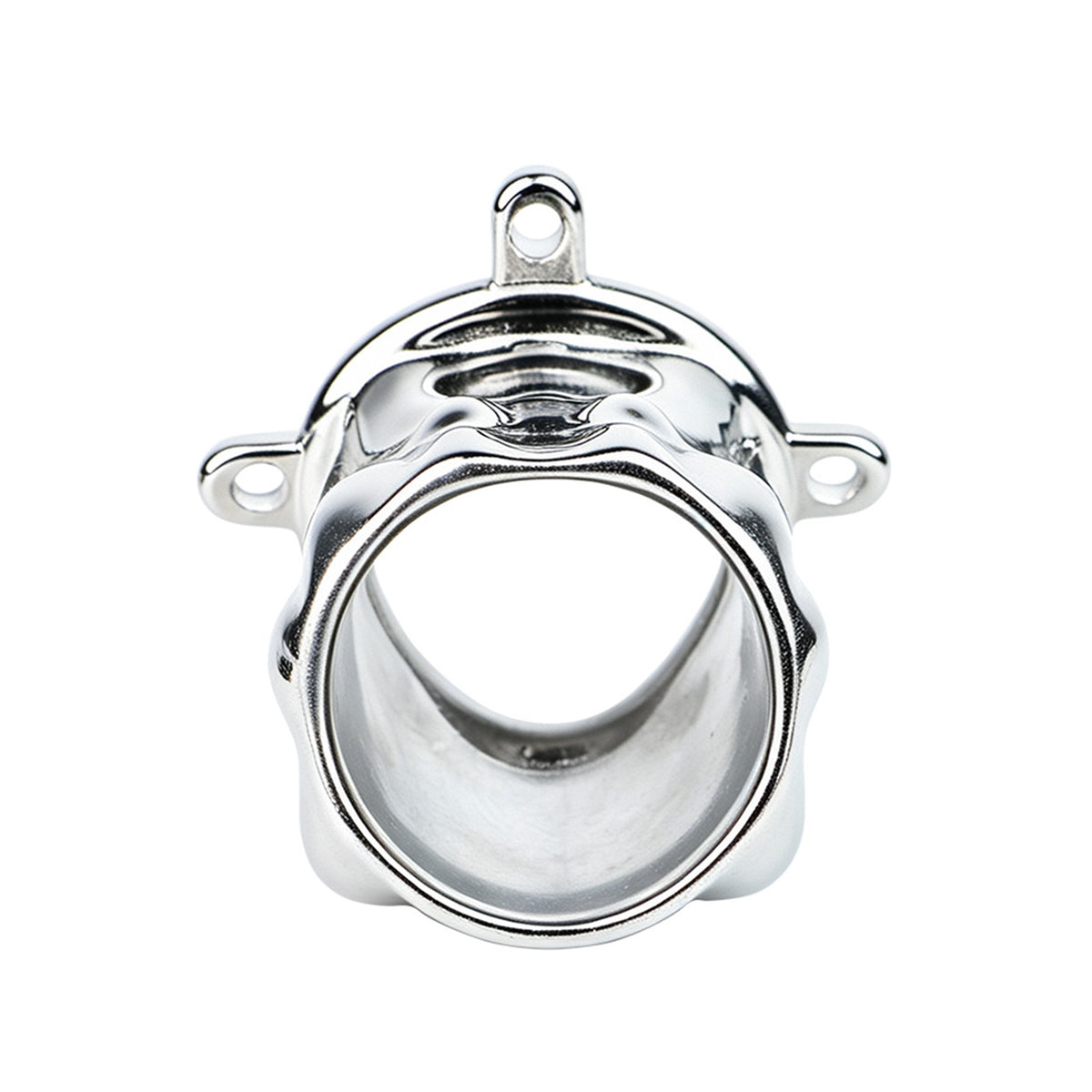 Flame Cutout Stainless Steel Chastity Cage with Restraint - Metal cage rear opening detail