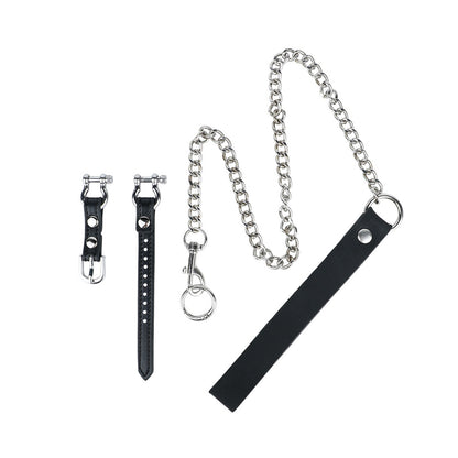 Flame Cutout Stainless Steel Chastity Cage with Restraint - Leather strap and chain components