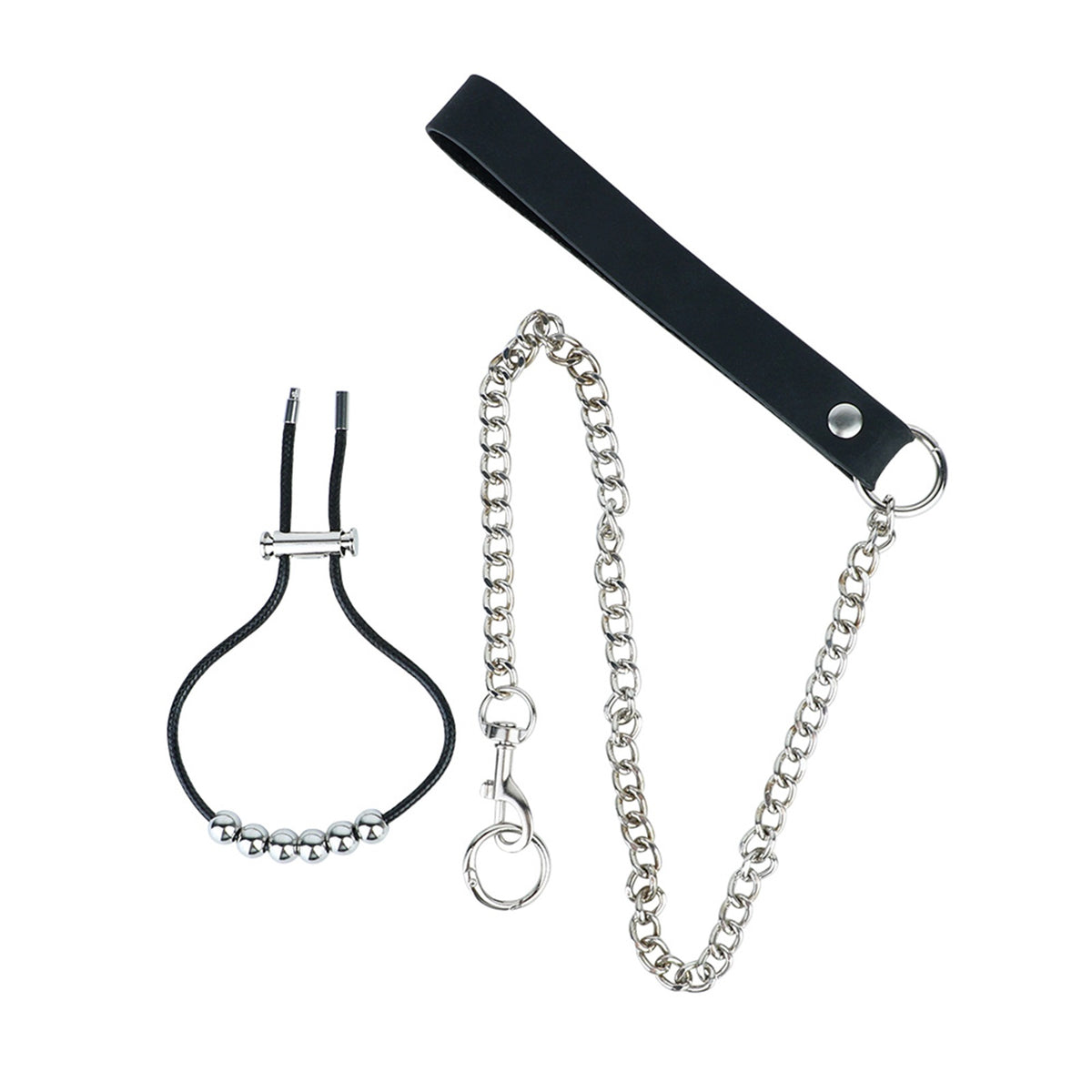 Flame Cutout Stainless Steel Chastity Cage with Restraint - Beaded cord and chain components