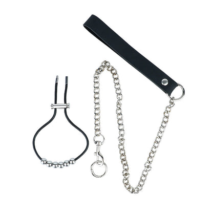Flame Cutout Stainless Steel Chastity Cage with Restraint - Beaded cord and chain components