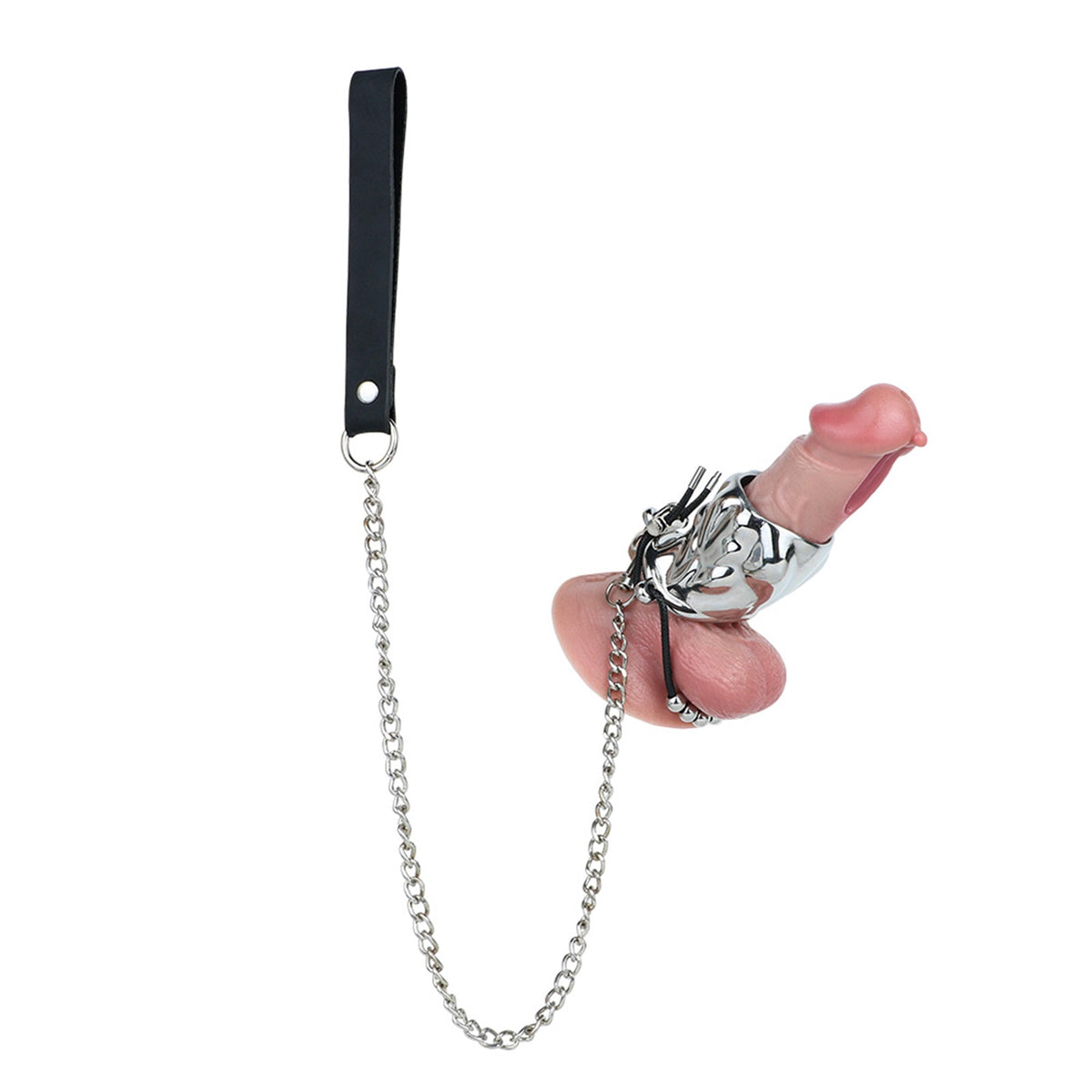 Flame Cutout Stainless Steel Chastity Cage with Restraint - Beaded cord version shown on display dildo; dildo not included