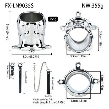 Flame Cutout Stainless Steel Chastity Cage with Restraint - Leather strap S size dimensions